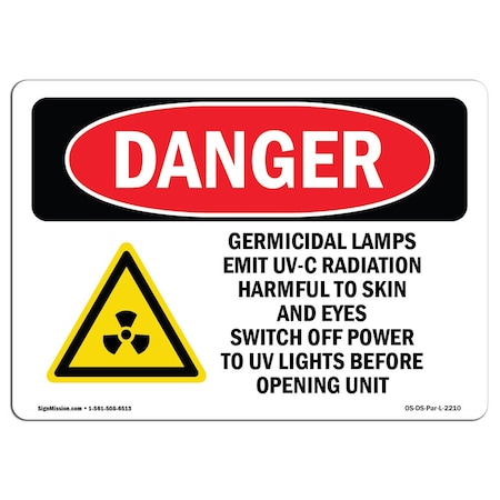 Signmission OSHA Danger, Germicidal Lamps Emit UV-C Radiation, 10in X 7in Decal, 10" W, 7" H, Landscape OS-DS-D-710-L-2210